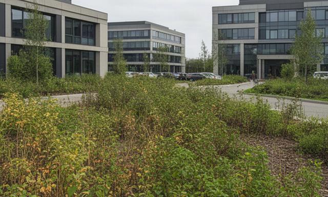 Kantorenpark met overgroeide borders en entreebeplanting vóór regulier tuinonderhoud